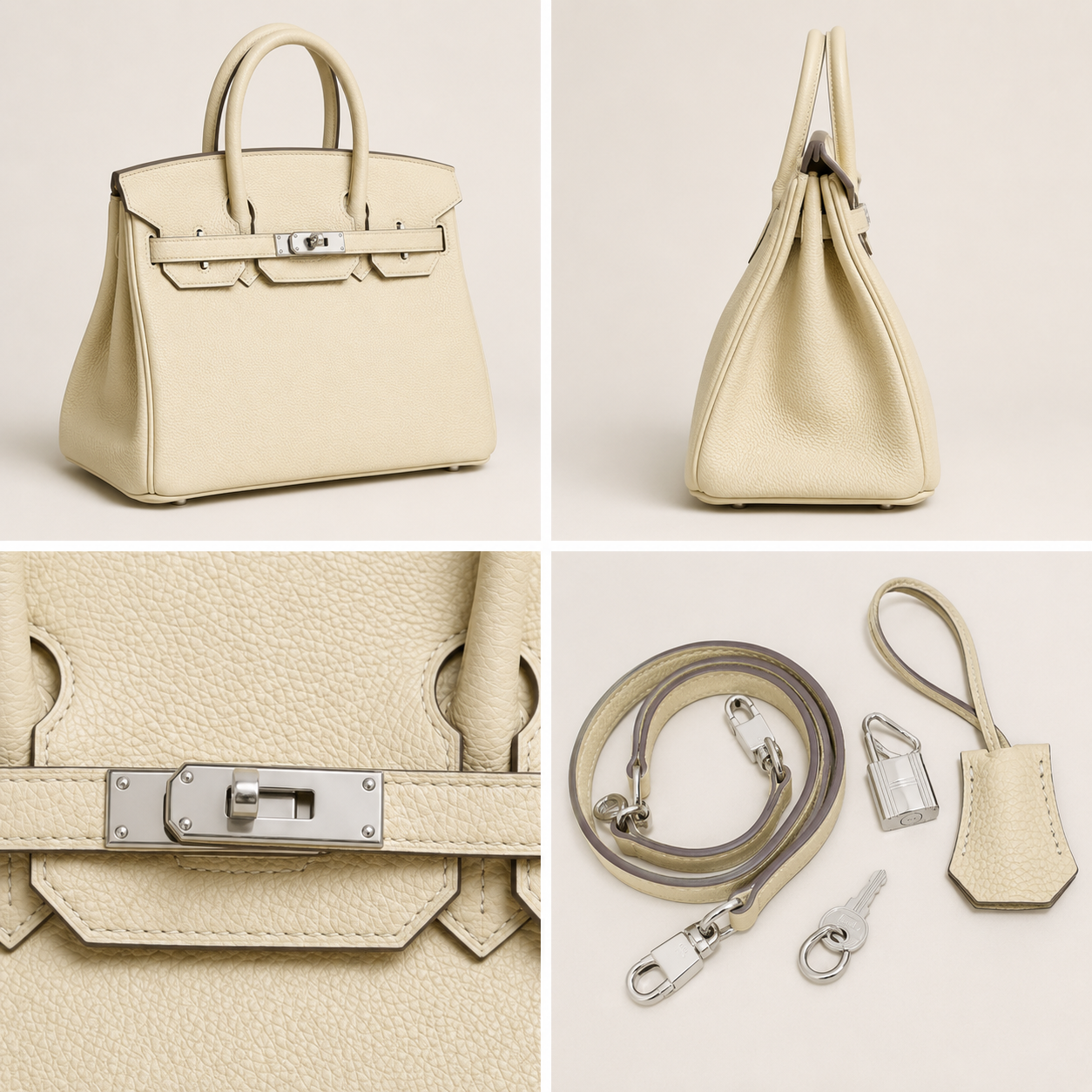 2-piece ivory genuine leather handbag set with structured top handle design
