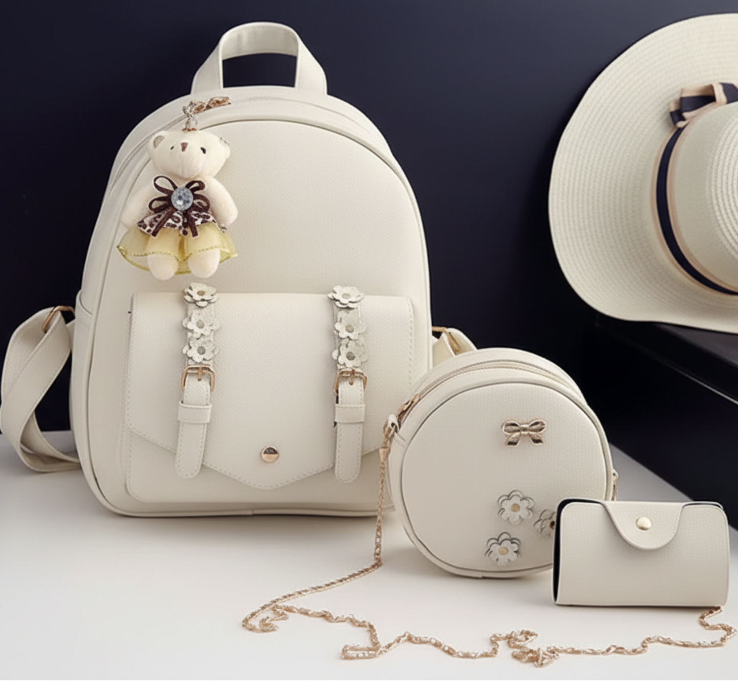 3 pcs Set Leather Shoulder Mini Backpack - Lily Bloom