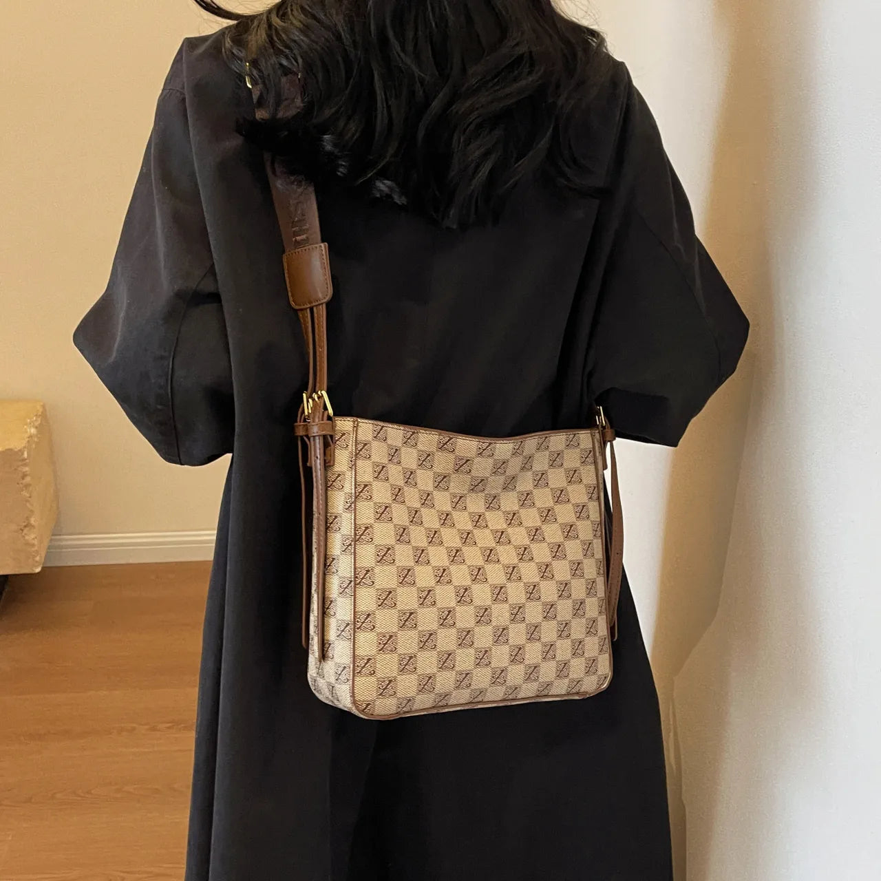 Checkered Pattern Shoulder Bag with Adjustable Strap | Lily Bloom