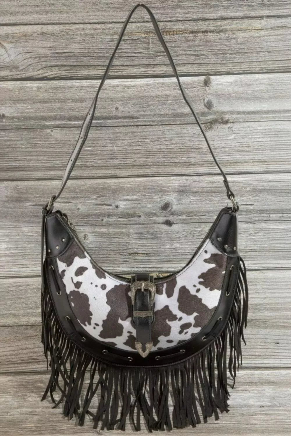 Cow Print Faux Leather Fringe Hobo Bag | Lily Bloom