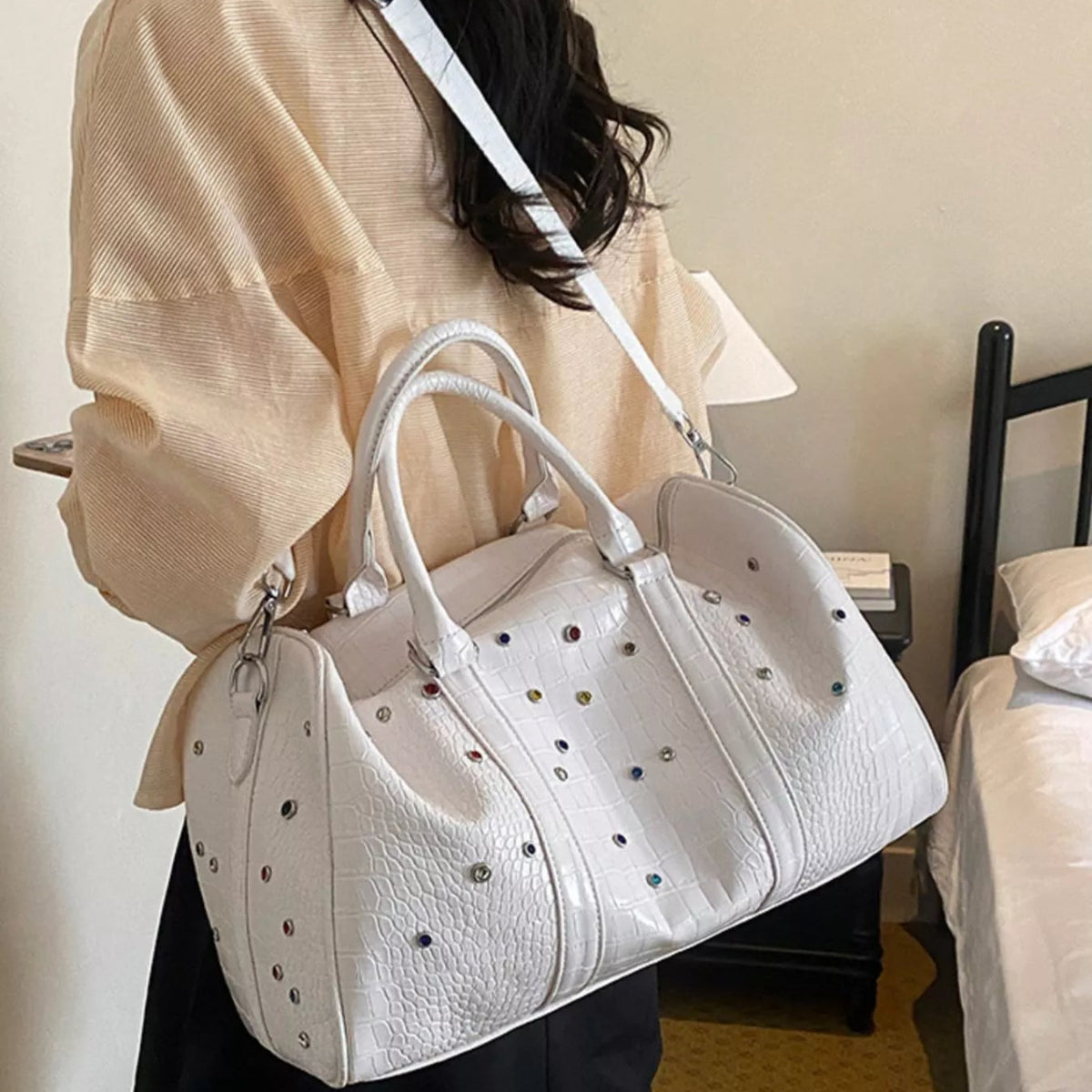 Crocodile Embossed Studded Vegan Leather Travel Bag