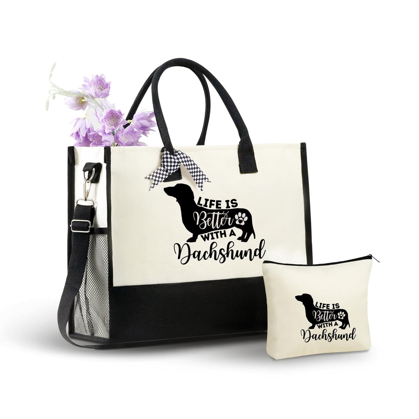 Dachshund Canvas Tote Bag with Top Zipper Closure and Shoulder Strap