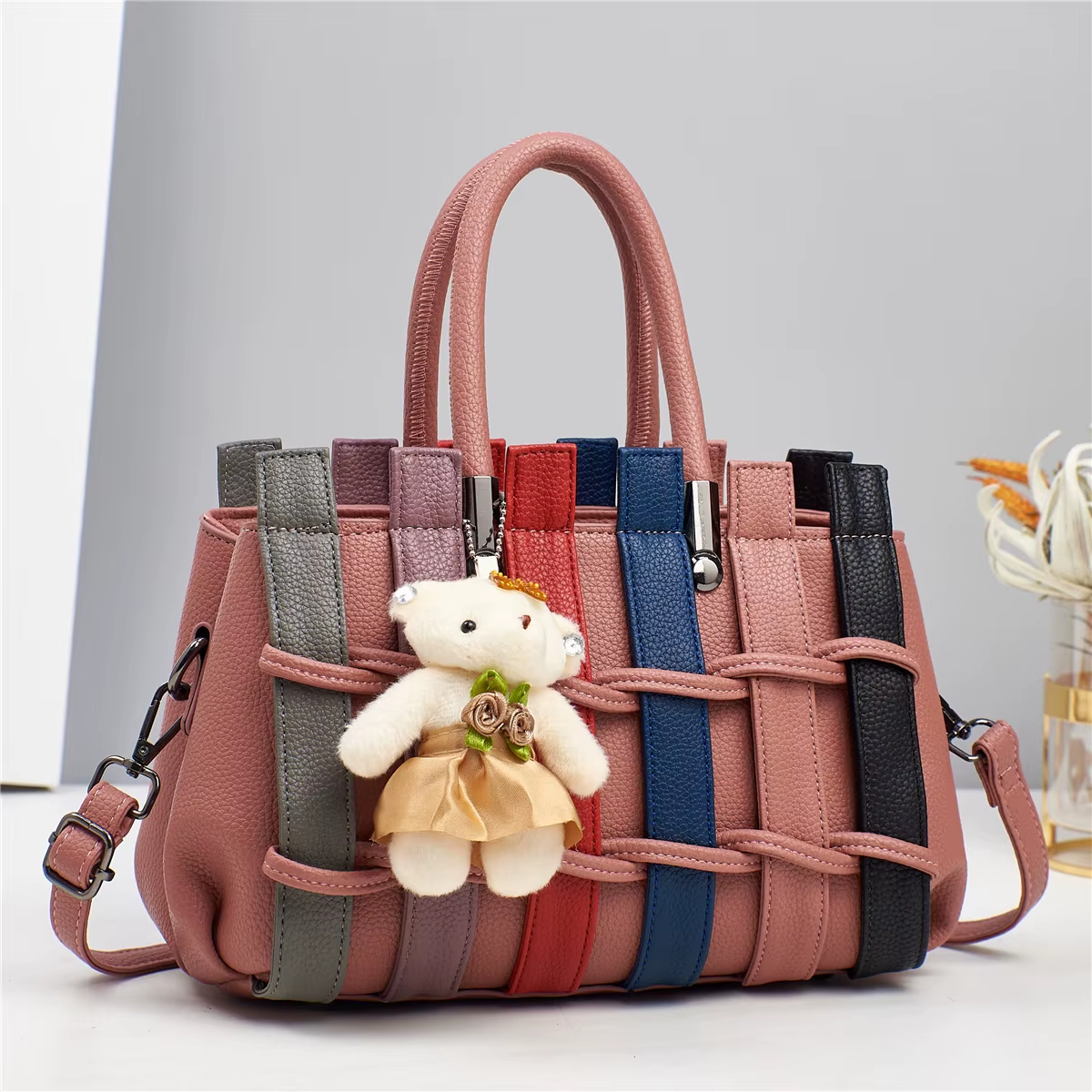 Luxury Patchwork Cute Bear Leather Shoulder Handbag | Lily Bloom