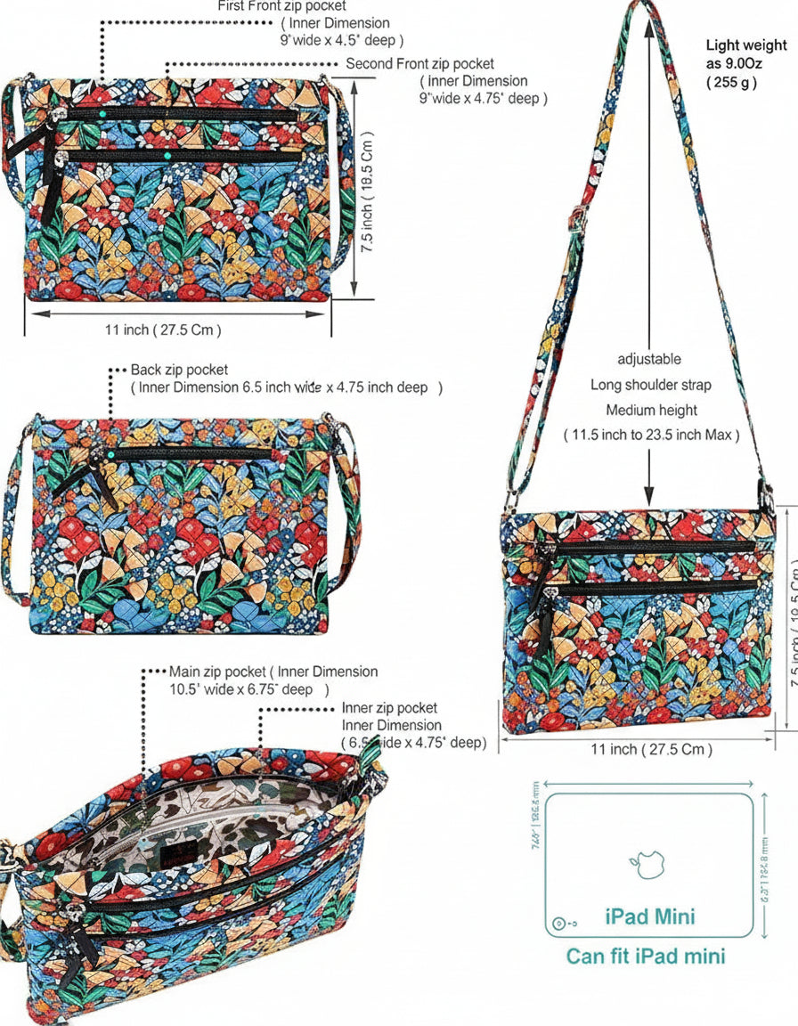 Cotton Quilted Multi-zipper Crossbody Purse | Lily Bloom