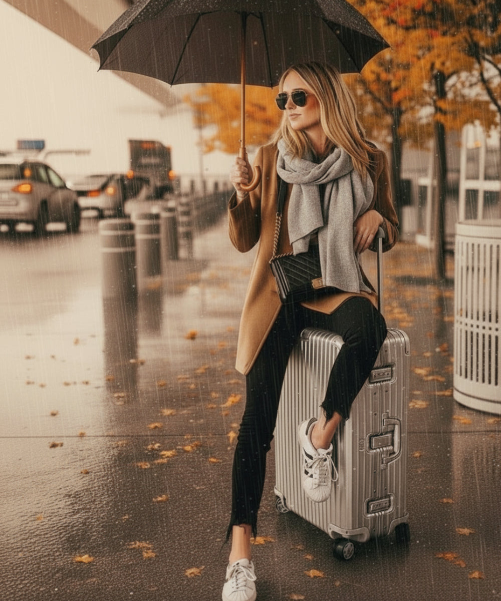 Woman with an umbrella and suitcase on a rainy street