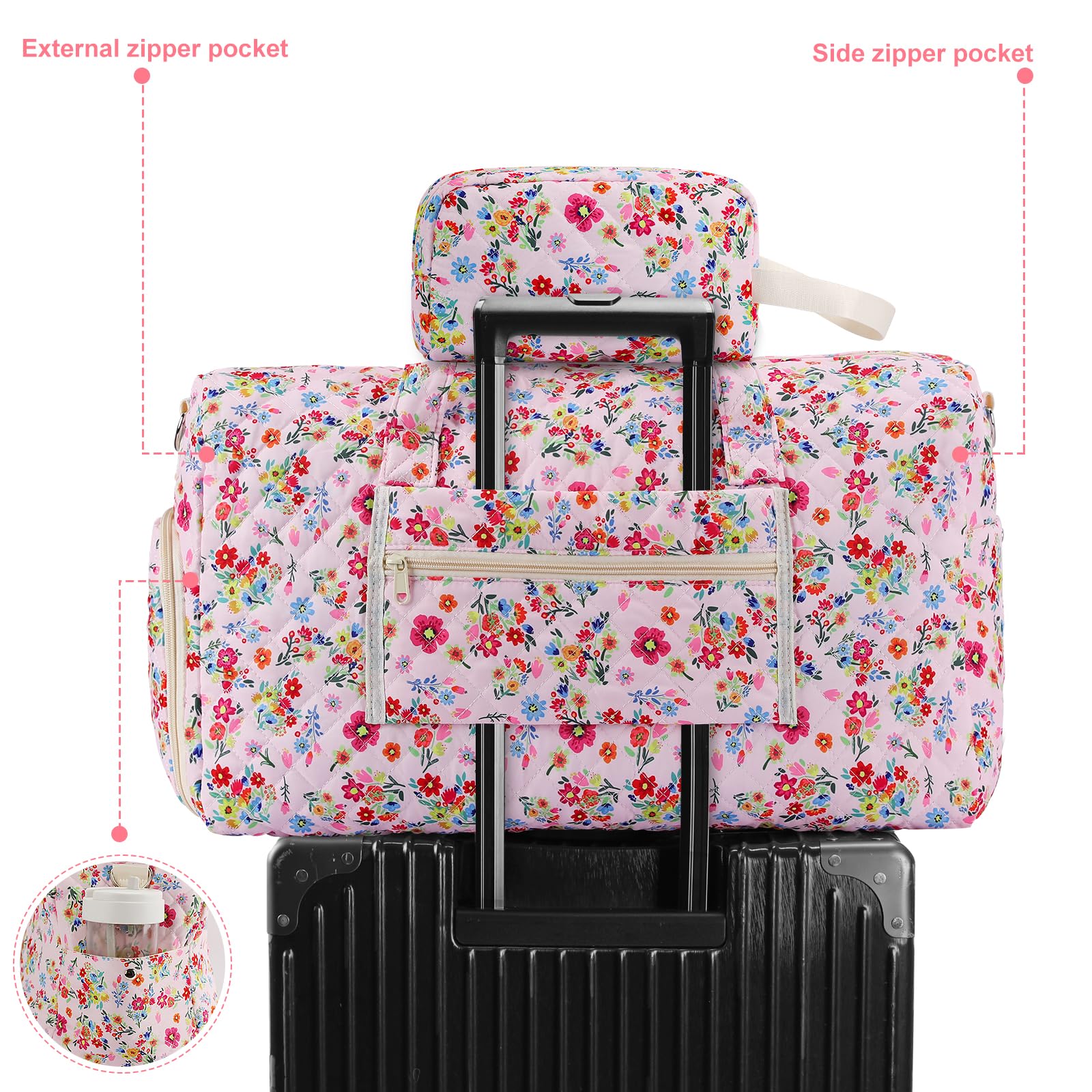 Quilted Duffle Bag Lightweight Weekender Bag with Makeup Pouch