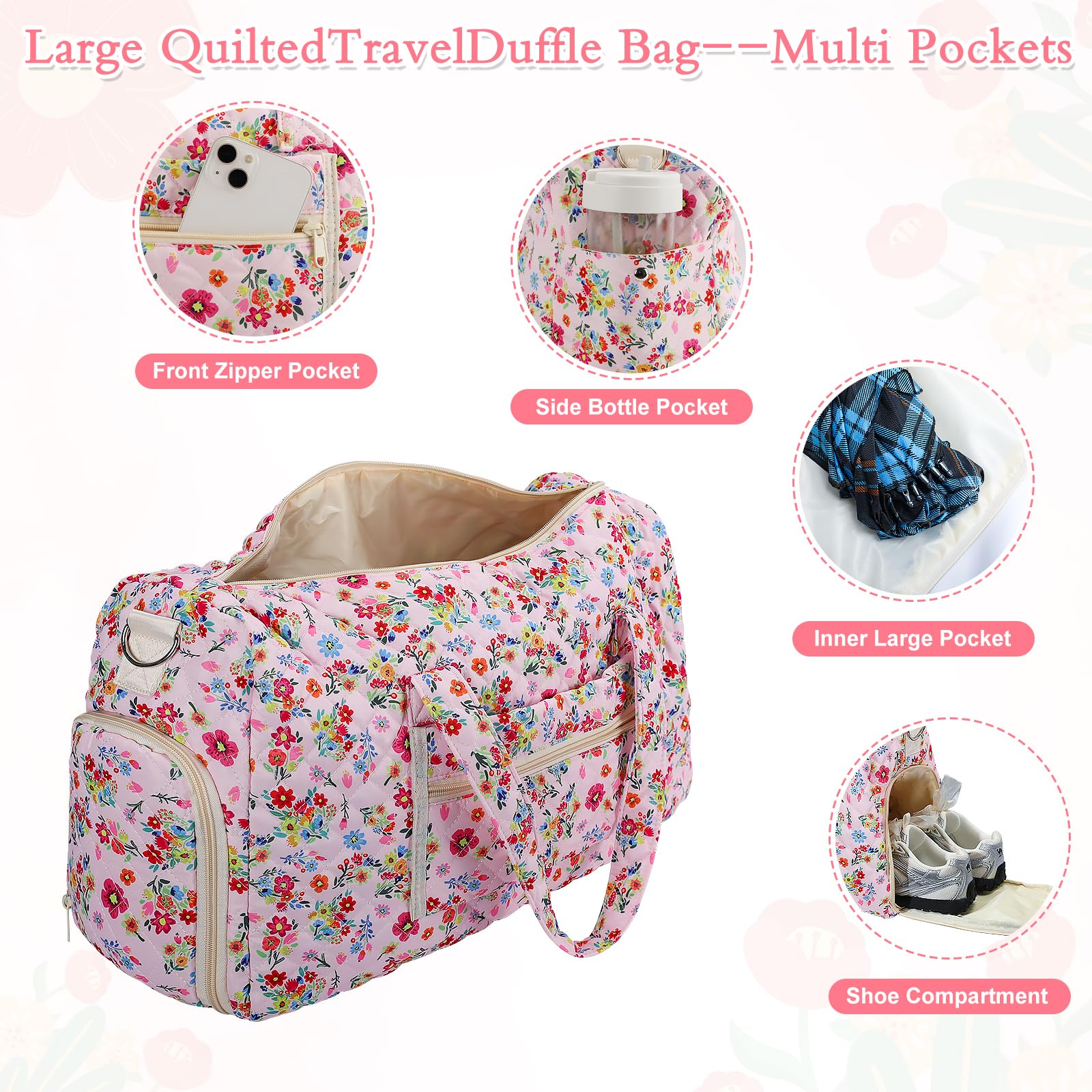 Quilted Duffle Bag Lightweight Weekender Bag with Makeup Pouch