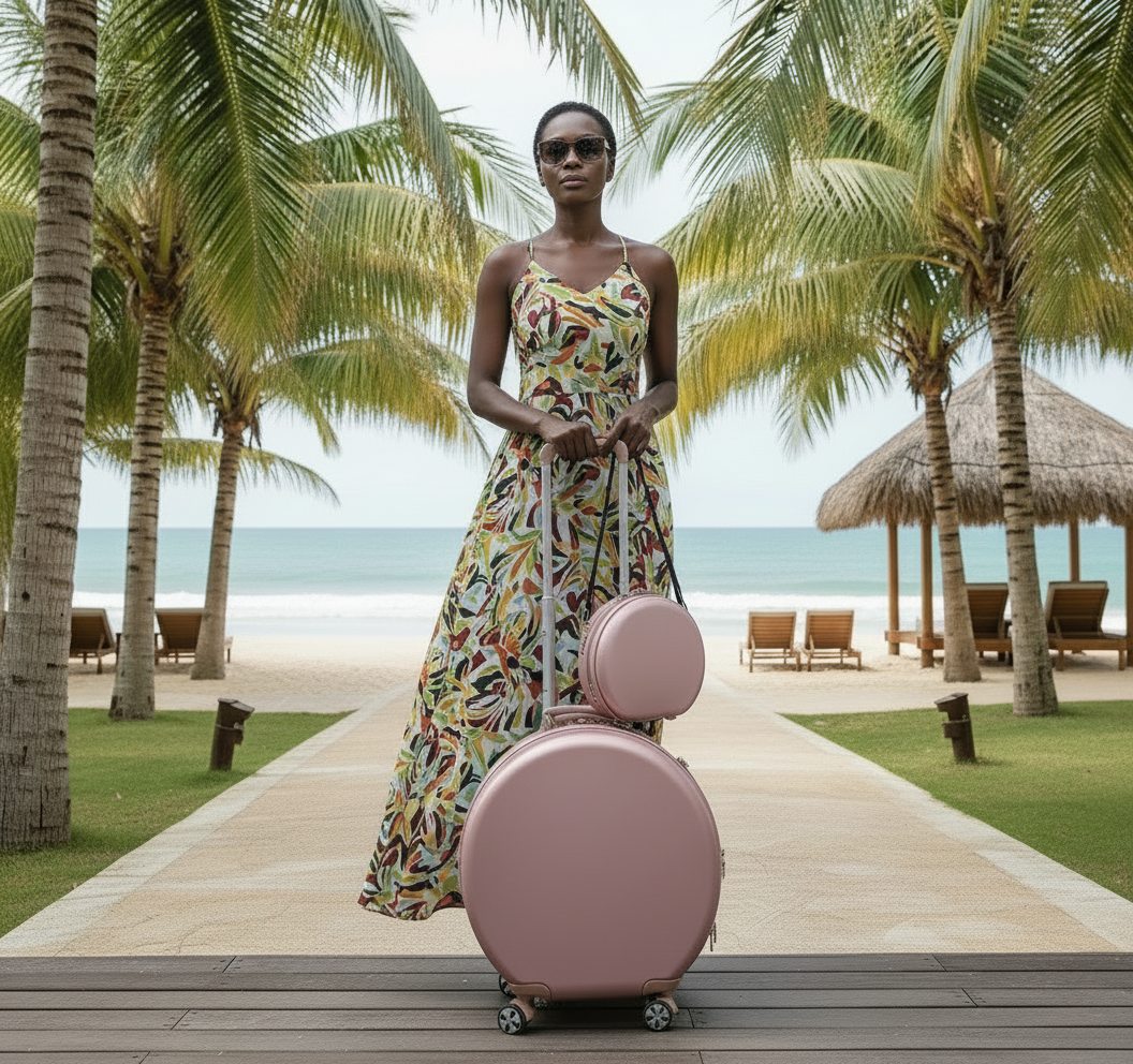 Round Travel Suitcase Trolley with Wheels & Matching Shoulder Bag Set