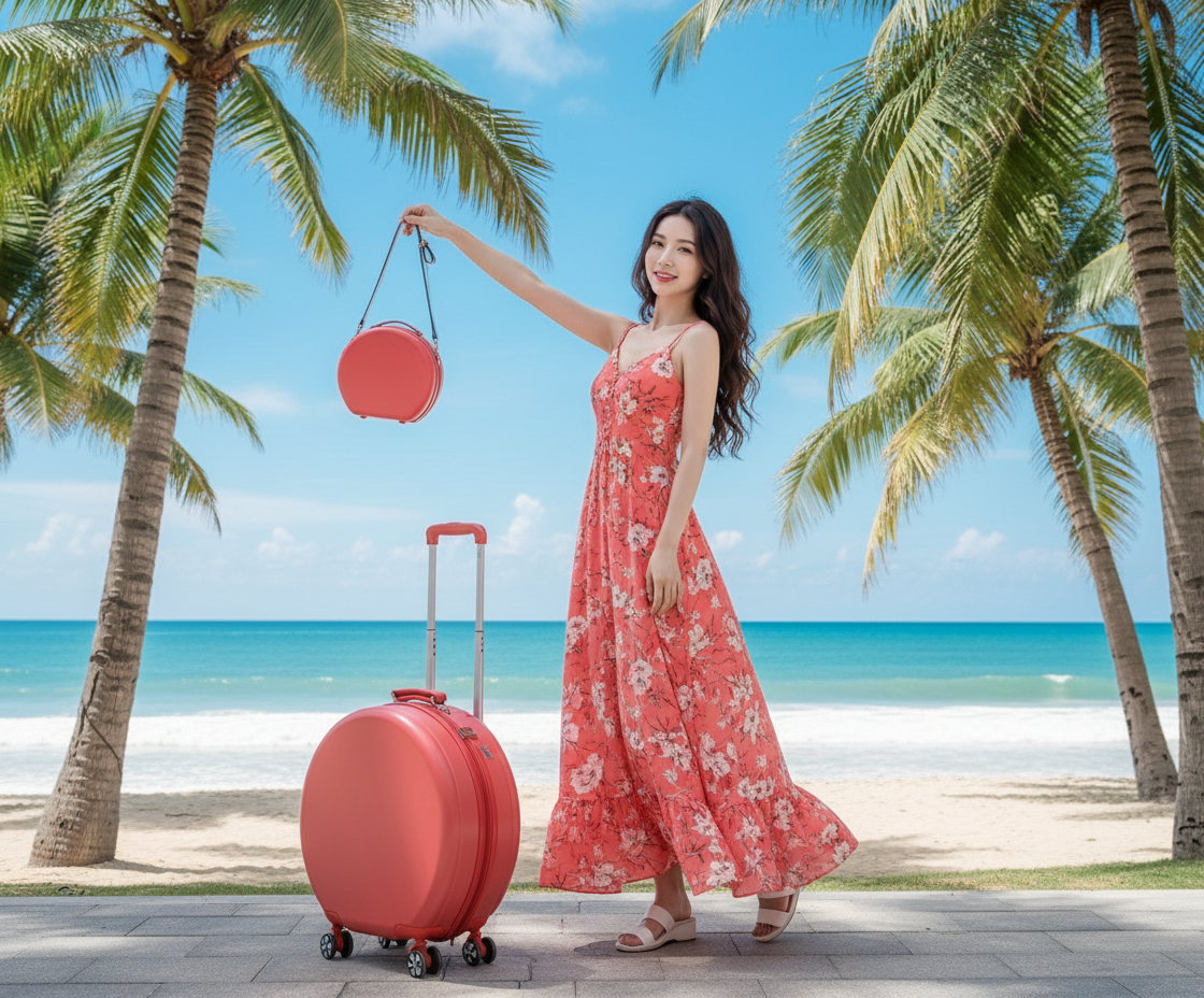 Round Travel Suitcase Trolley with Wheels & Matching Shoulder Bag Set