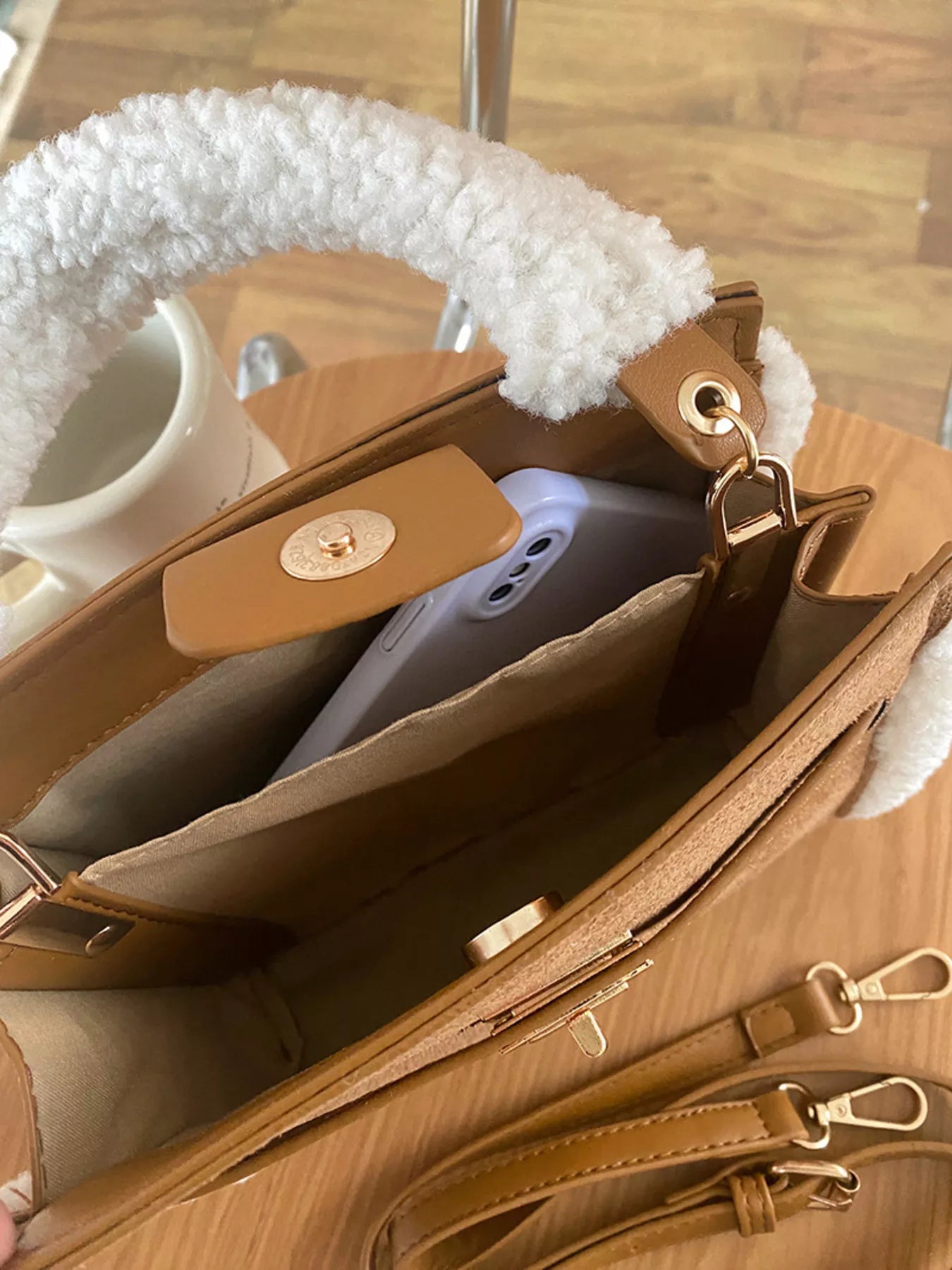 Sherpa Trim Suede Crossbody Bag