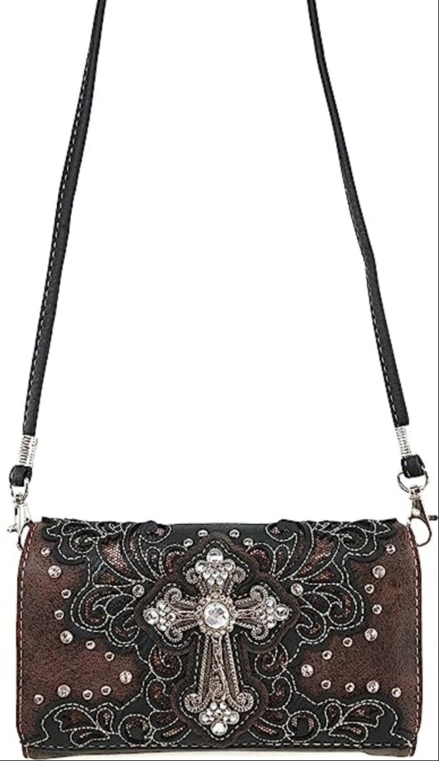 Bling Gleam Rhinestone Floral Purse Long Crossbody Strap Bag - Lily Bloom