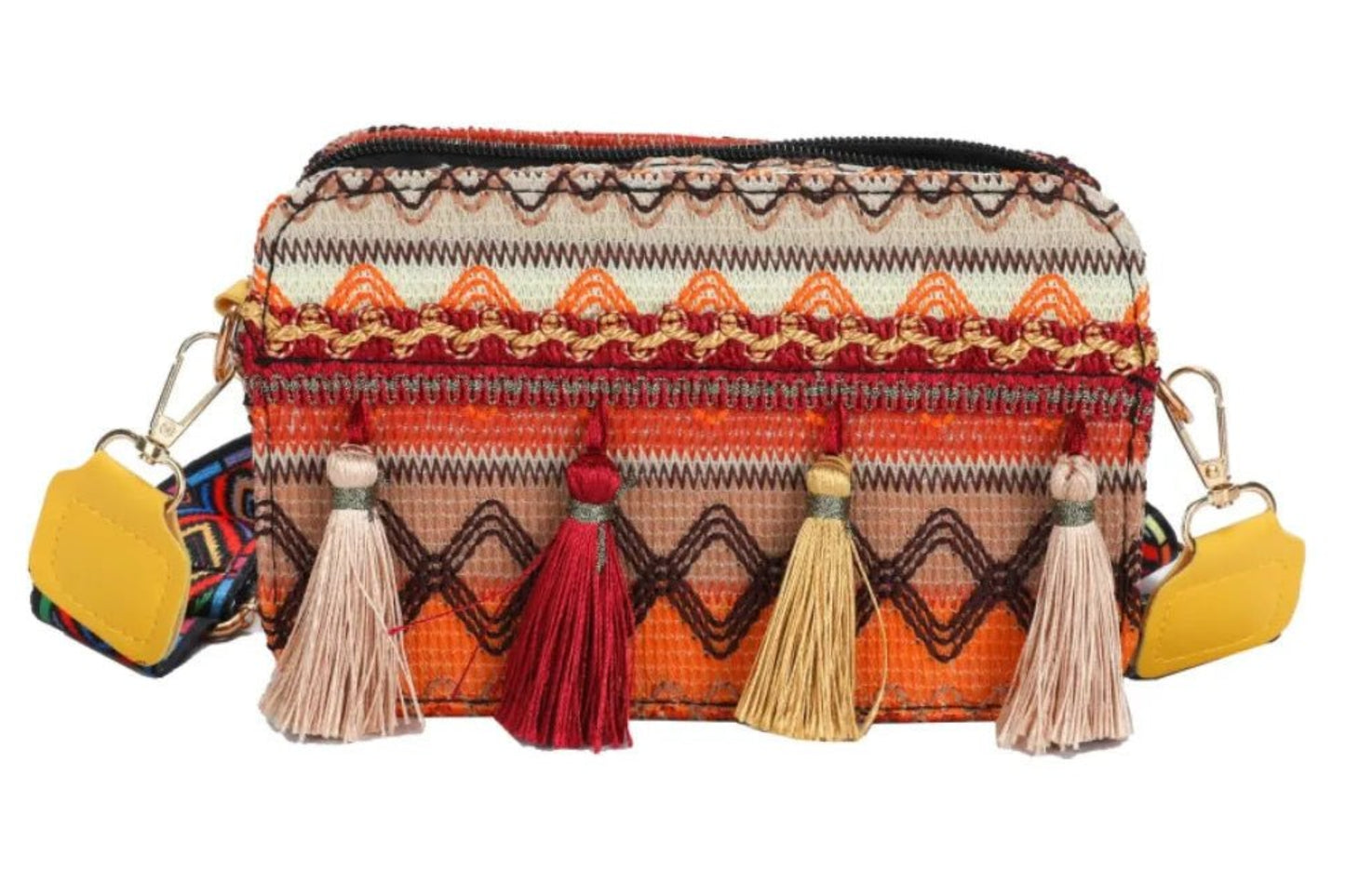 Bohemian Tassel Trim Crossbody Bag with Ethnic Pattern - Lily Bloom