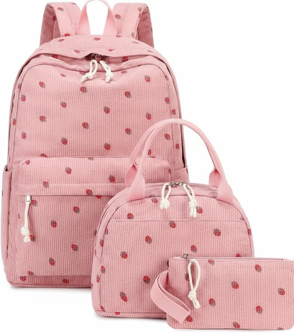 Cartoon Fruit Shoulder Backpack with Lunch Box Pencil Bag - Lily Bloom