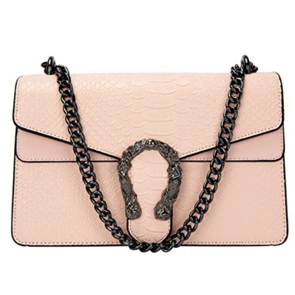 Crossbody Purse Embossed Snake - Print Metal Chain Shoulder Handbag - Lily Bloom