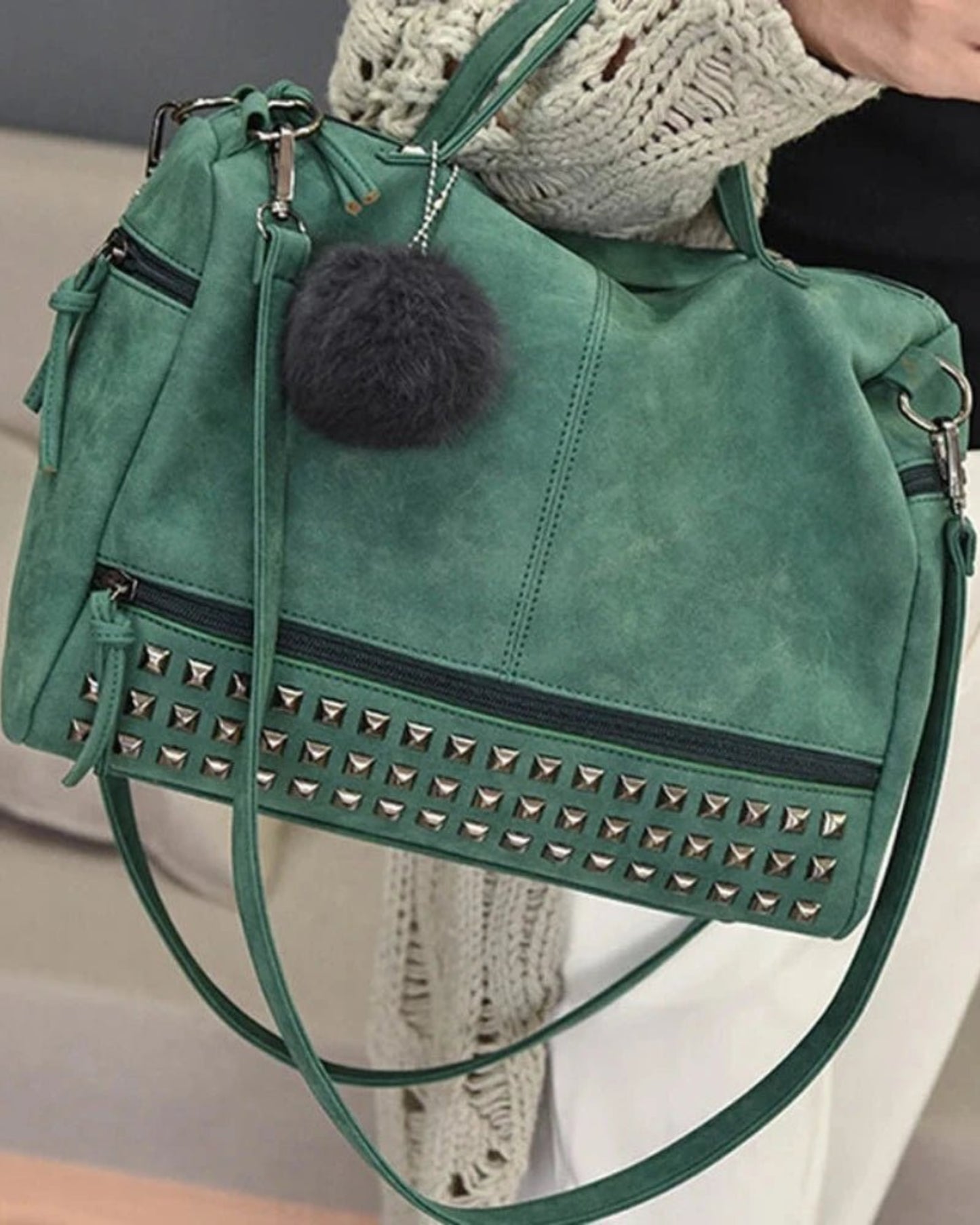 Leather Shoulder Top Handle Rivets Motorcycle Tote Bag - Lily Bloom