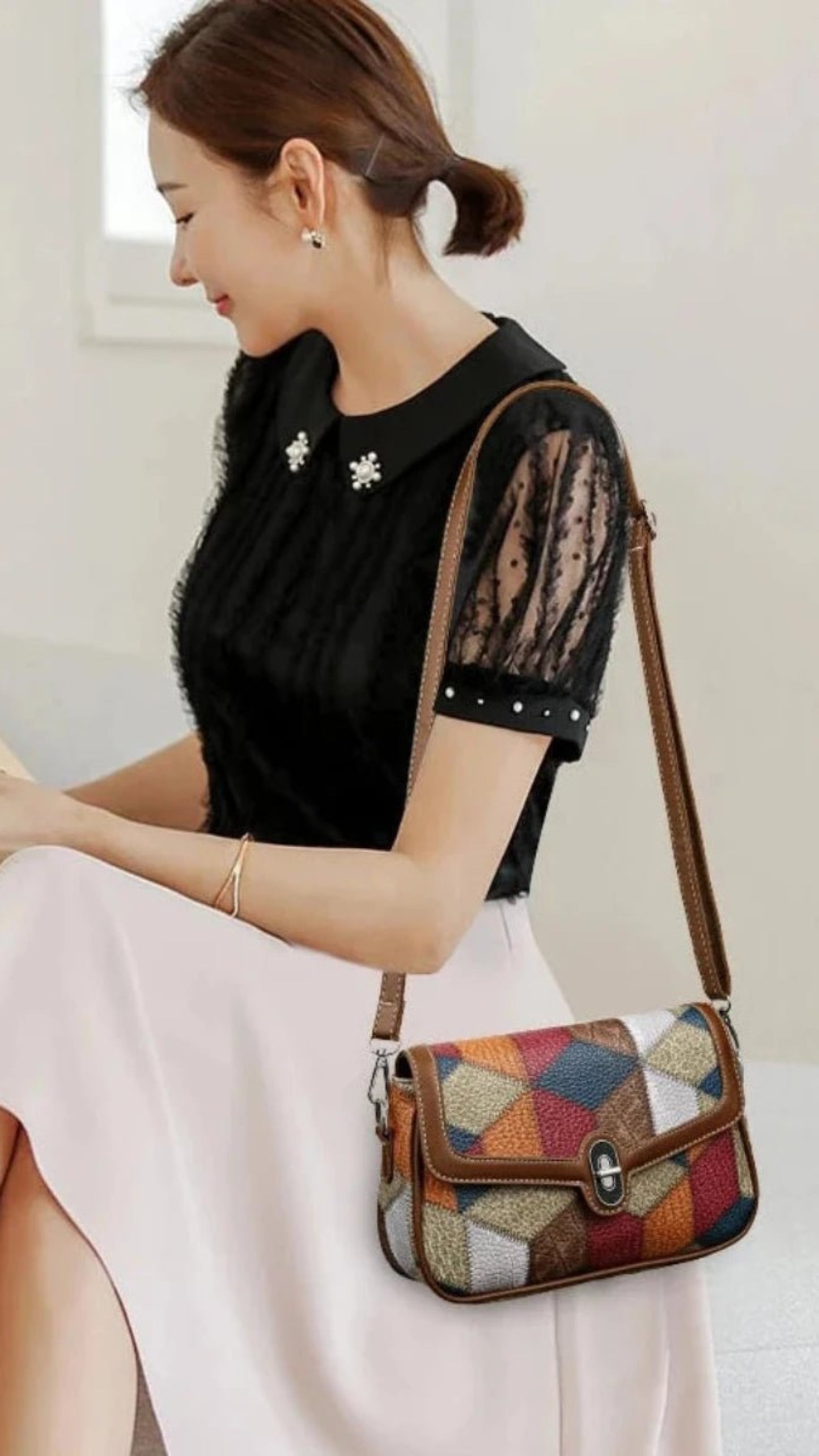 Messenger Bag Splicing Wide Shoulder Strap Crossbody Bag - Lily Bloom