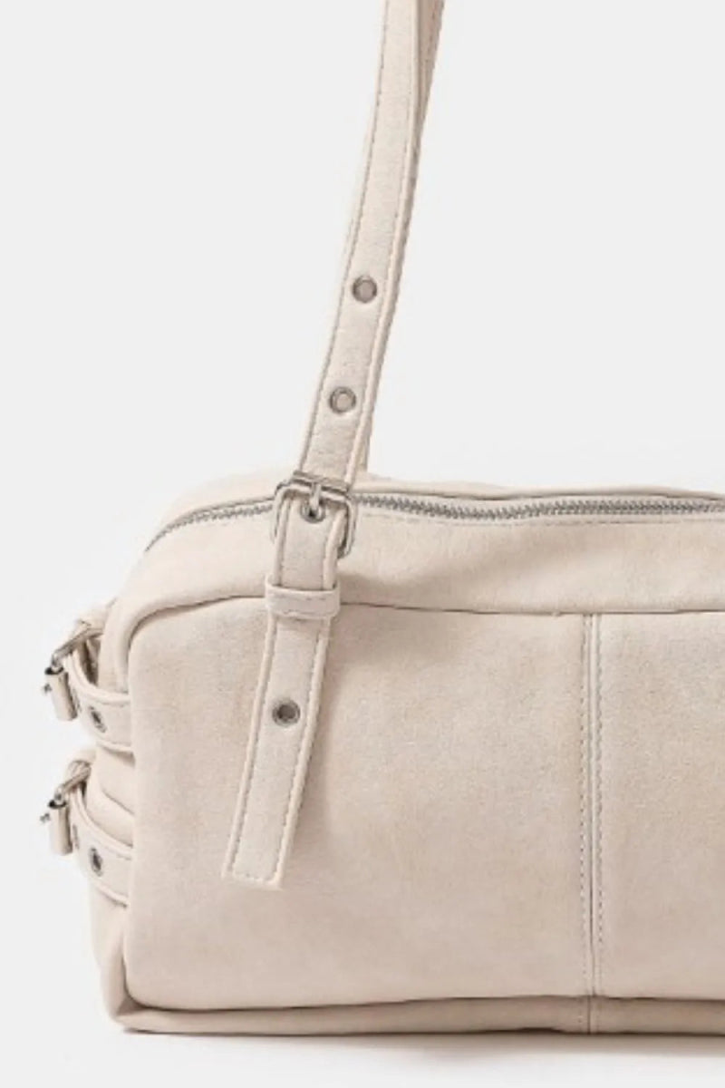 Multi Grommet Belt Strap Rustic Rectangular Handbag - Lily Bloom