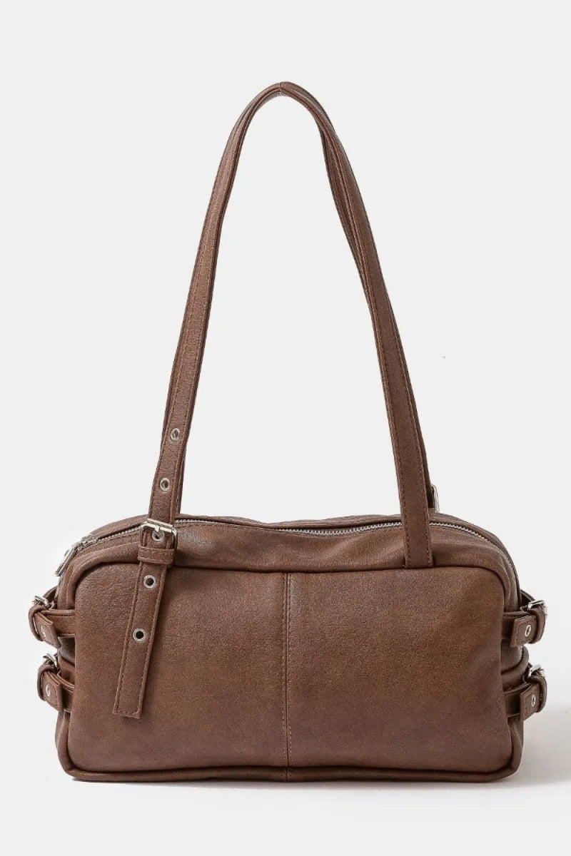 Multi Grommet Belt Strap Rustic Rectangular Hand Bag - Lily Bloom
