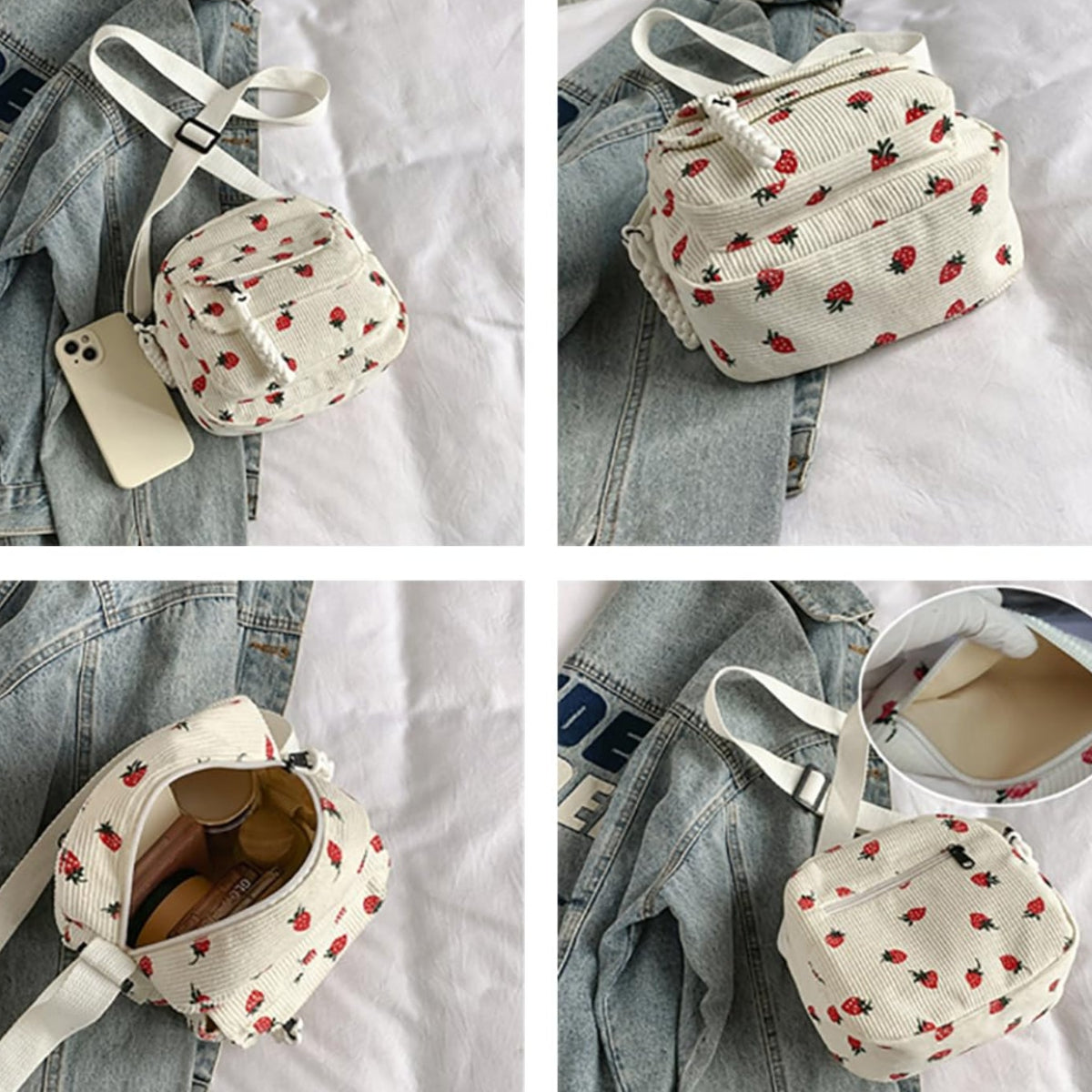 Strawberry Bag Corduroy Tote Bag Cute Crossbody Bag - Lily Bloom