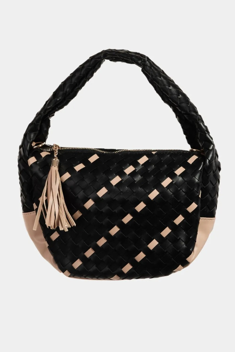 Tassel Detail Weave Semi Circle Bag - Lily Bloom