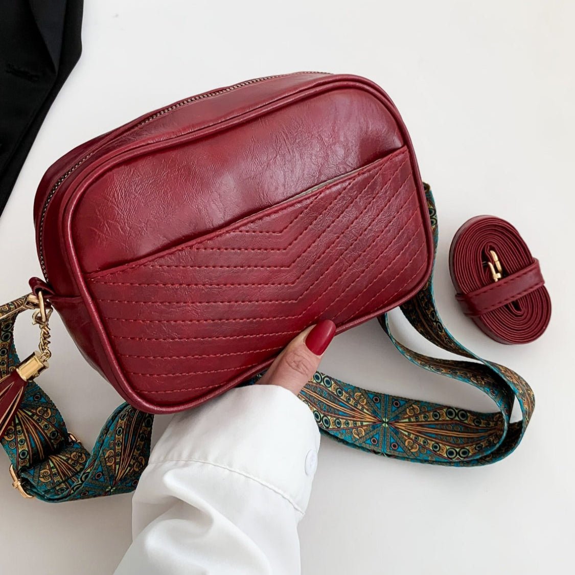 Tassel Vegan Leather Printed Strap Cassette Crossbody Bag - Lily Bloom