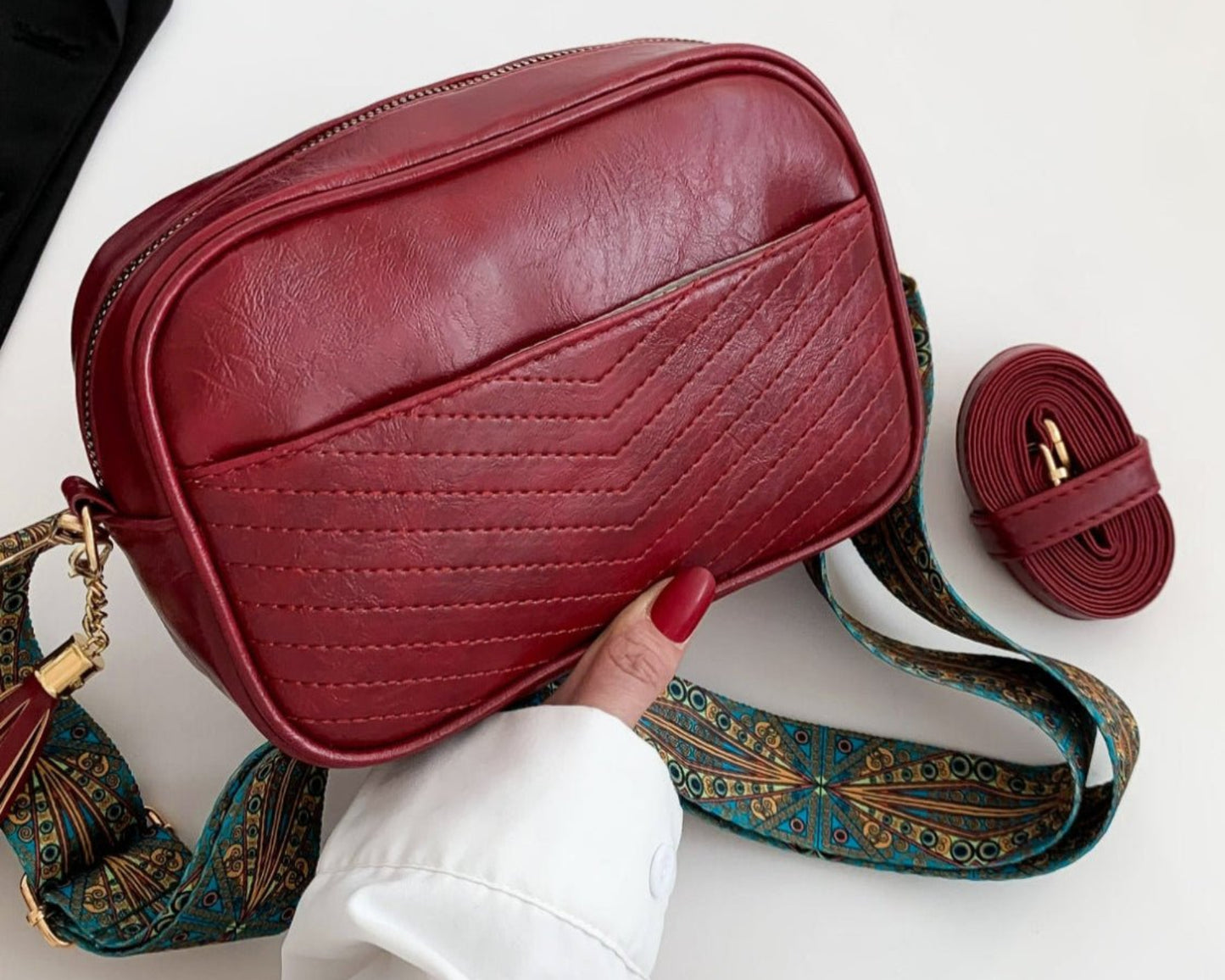 Tassel Vegan Leather Printed Strap Cassette Crossbody Bag - Lily Bloom