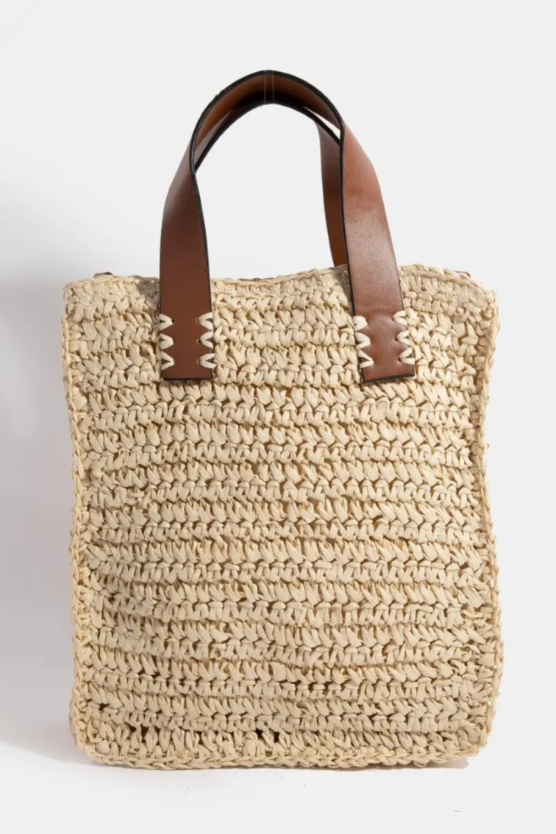 Vegan Leather Handle Straw Braided Handbag - Lily Bloom