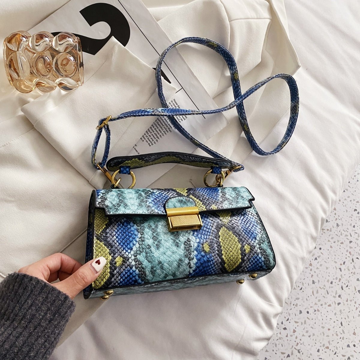 Vegan Leather Snakeskin Print Crossbody Bag - Lily Bloom