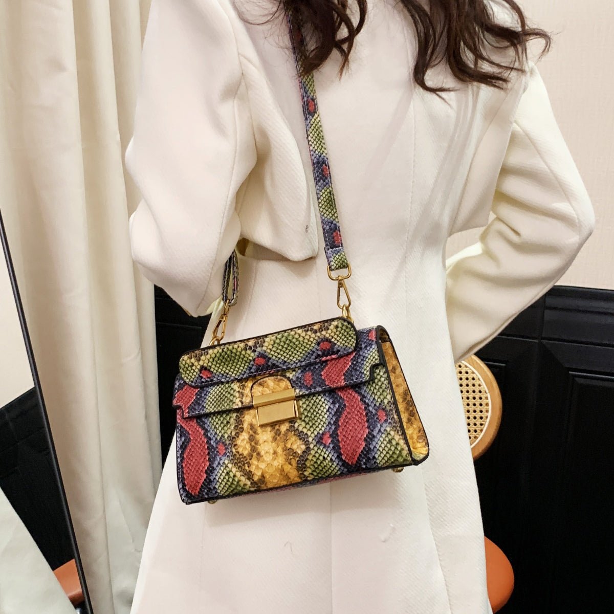 Vegan Leather Snakeskin Print Crossbody Bag - Lily Bloom