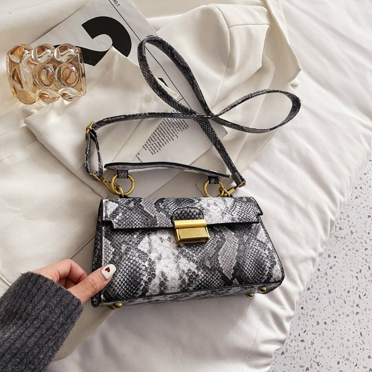 Vegan Leather Snakeskin Print Crossbody Bag - Lily Bloom
