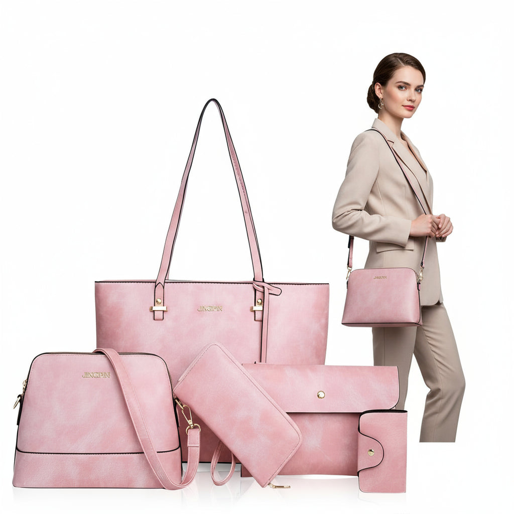 Women's 5-Pcs Vegan Leather Handbag Set-Tote & Crossbody