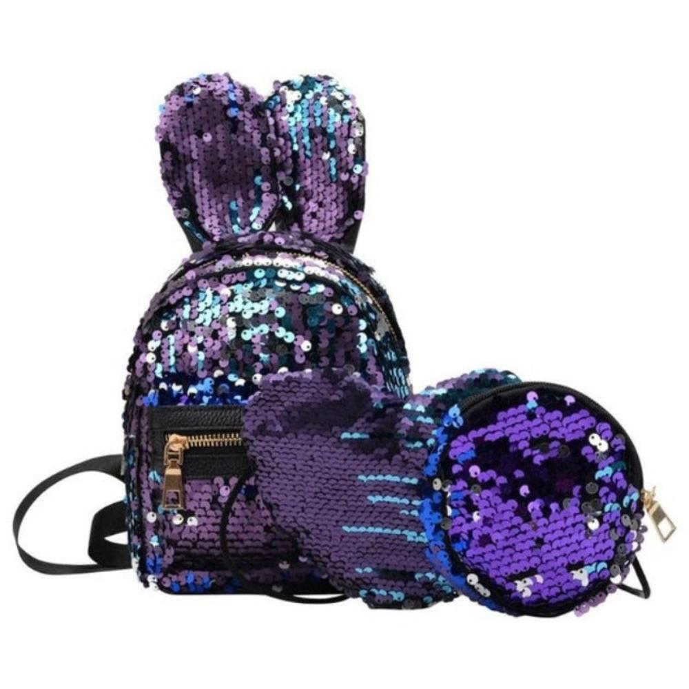 3 pcs set Rabbit Ear Backpack Travel Bag Bling Shiny Cute Heart Shaped - Lily Bloom