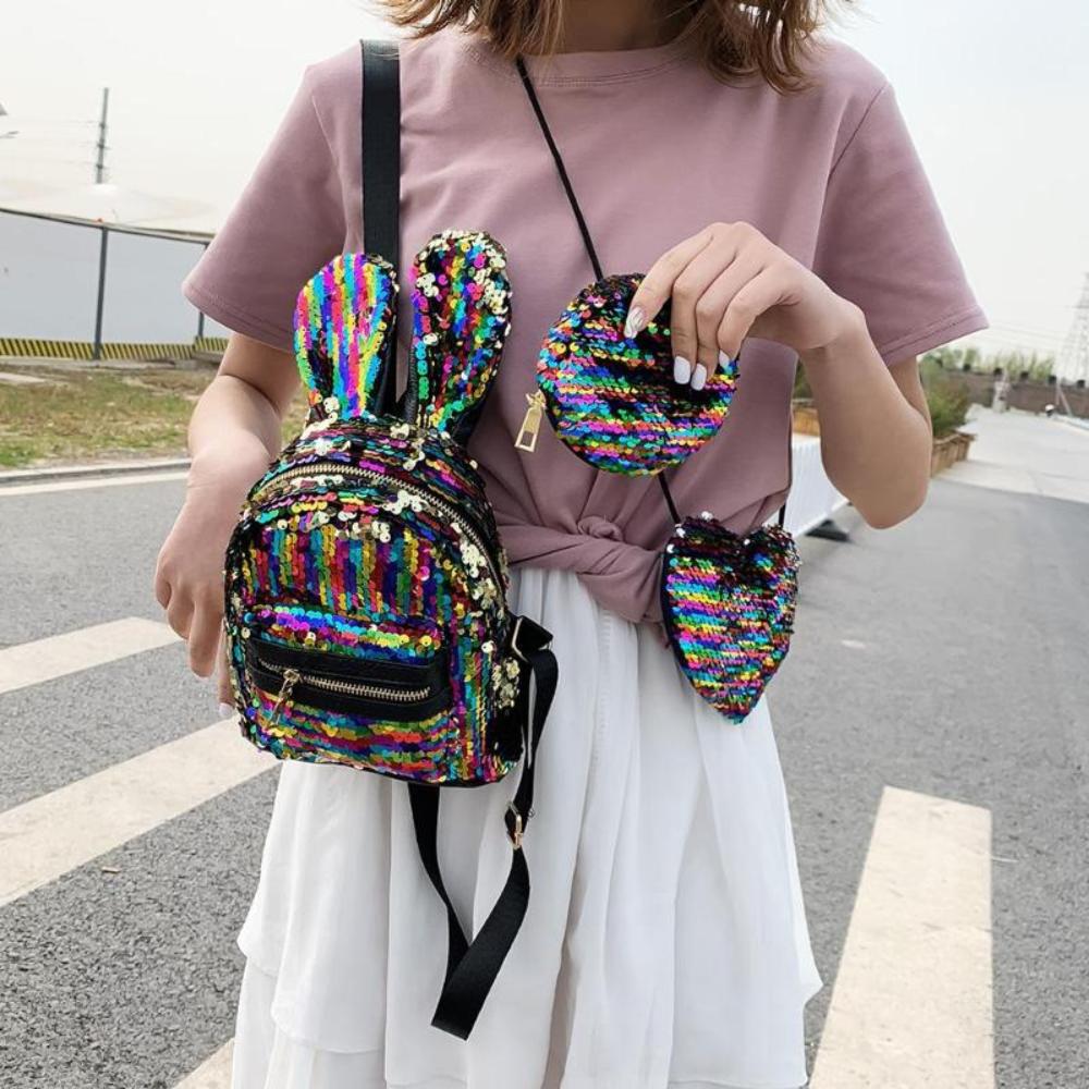 3 pcs set Rabbit Ear Backpack Travel Bag Bling Shiny Cute Heart Shaped - Lily Bloom