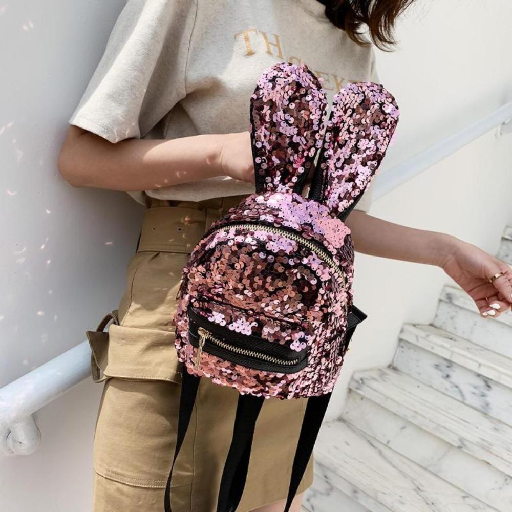 3 pcs set Rabbit Ear Backpack Travel Bag Bling Shiny Cute Heart Shaped - Lily Bloom