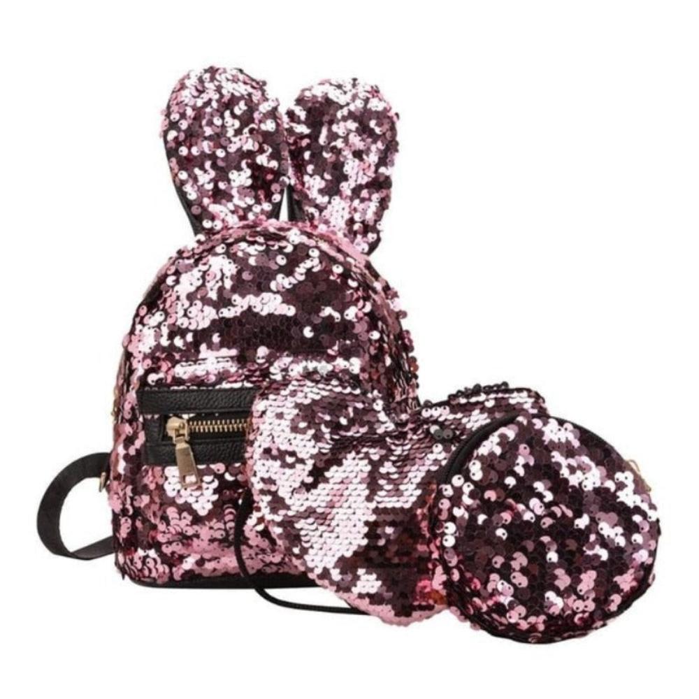 3 pcs set Rabbit Ear Backpack Travel Bag Bling Shiny Cute Heart Shaped - Lily Bloom