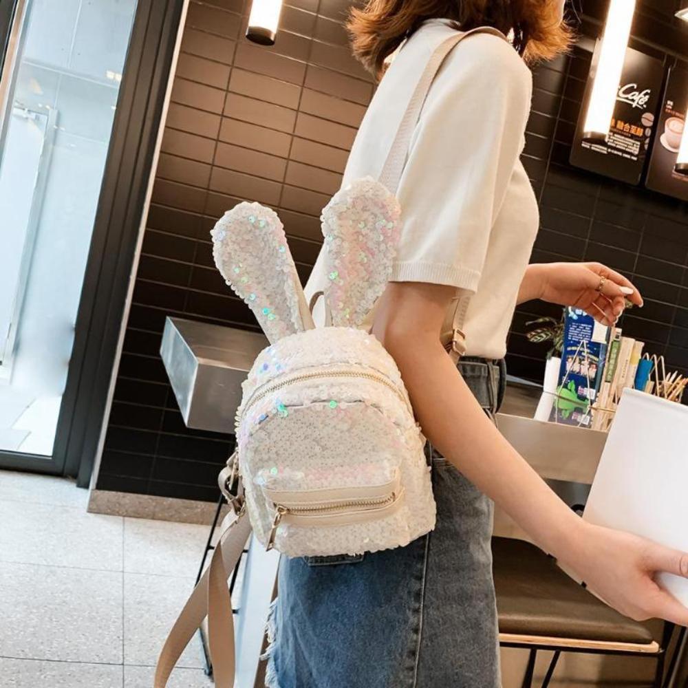 3 pcs set Rabbit Ear Backpack Travel Bag Bling Shiny Cute Heart Shaped - Lily Bloom
