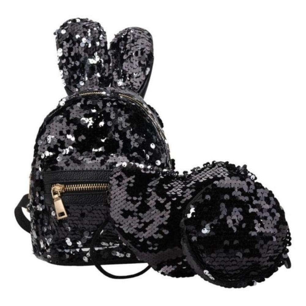 3 pcs set Rabbit Ear Backpack Travel Bag Bling Shiny Cute Heart Shaped - Lily Bloom