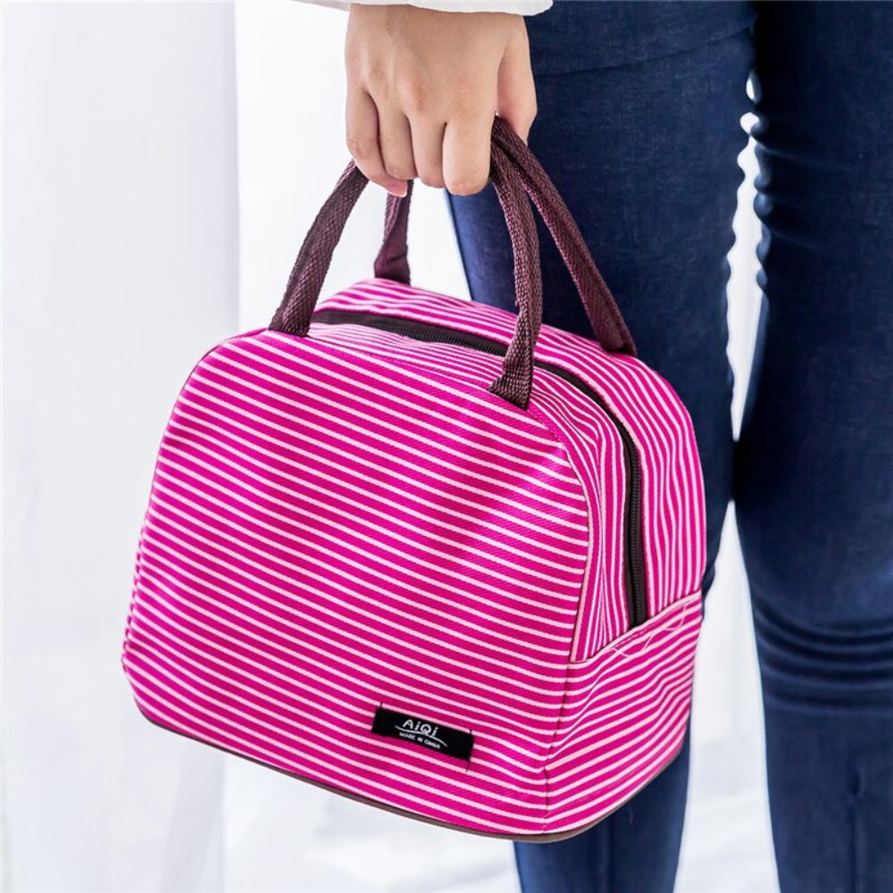 Portable Lunch Bag Canvas Stripe Insulated Cooler Bags Thermal Food Picnic Lunch Bags Kids Lunch Box Bag - Lily Bloom