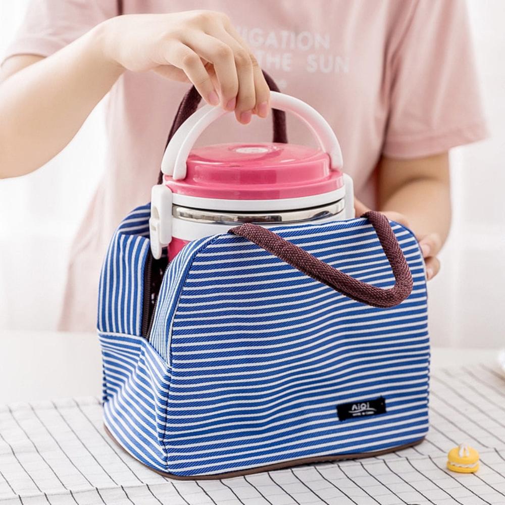Portable Lunch Bag Canvas Stripe Insulated Cooler Bags Thermal Food Picnic Lunch Bags Kids Lunch Box Bag - Lily Bloom