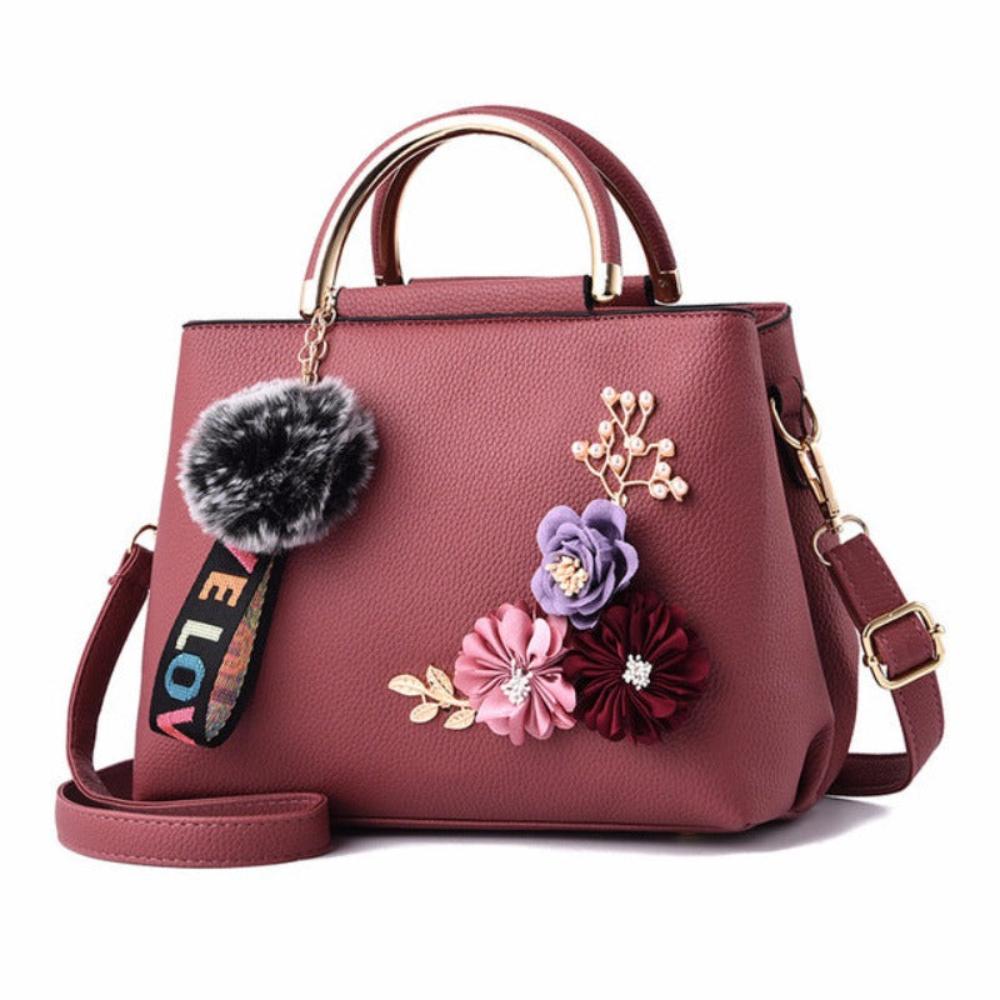 Leather Handbag Shoulder Bag Tote Flowers Shell Sac A Main Rivets Fur Ball Pendant - Lily Bloom