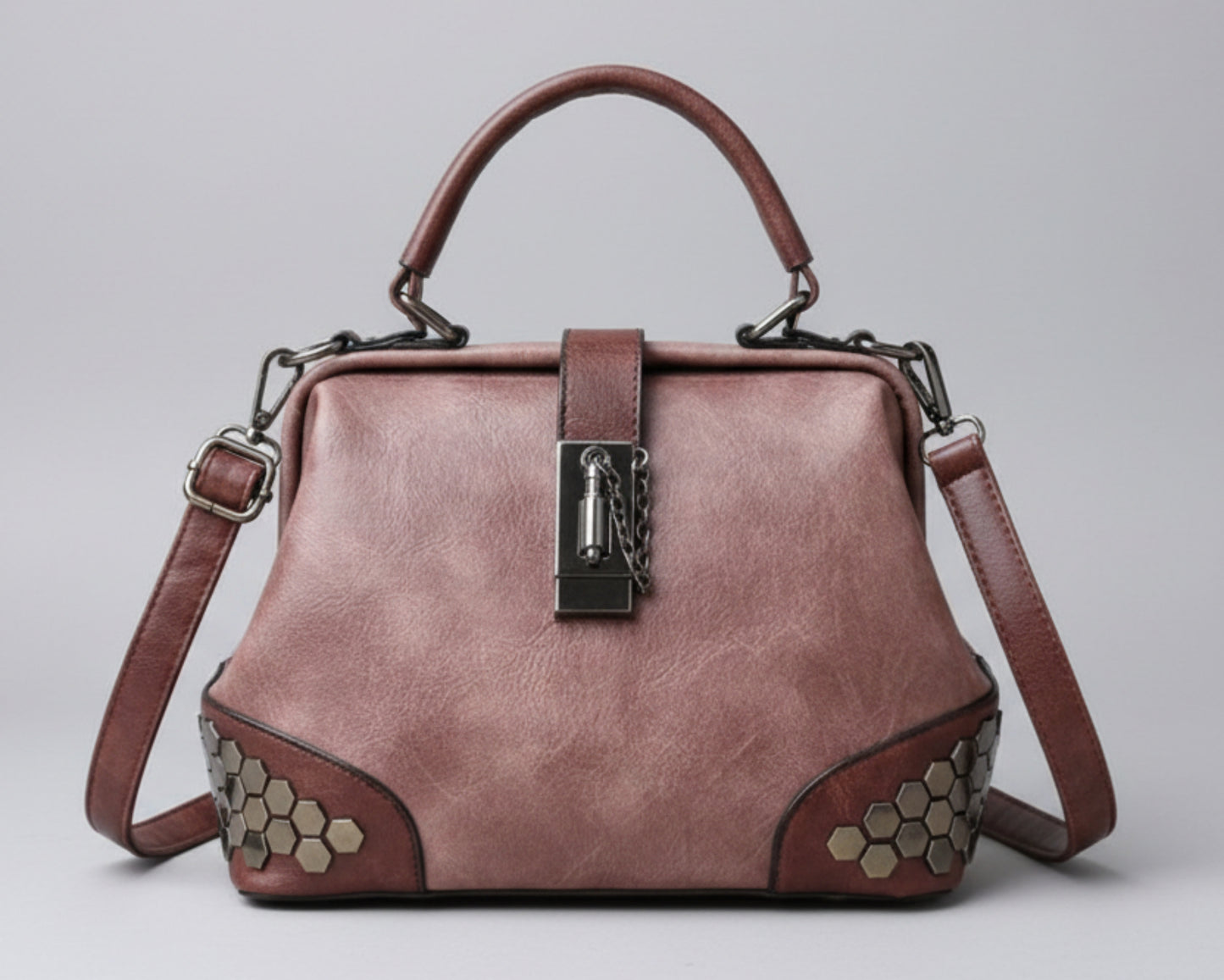 Lock Chain Rivets Leather Cross - body Shoulder Bag - Lily Bloom