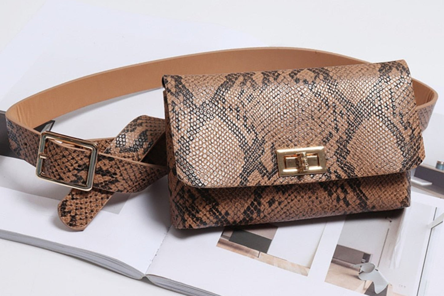 Serpentine Button Leather Snake Skin Waist Belt Bag - Lily Bloom