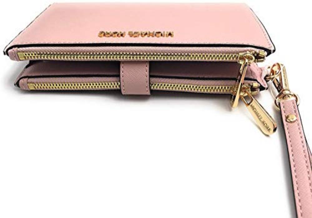 Travel Double Zip Saffiano Leather Wristlet Wallet - Lily Bloom