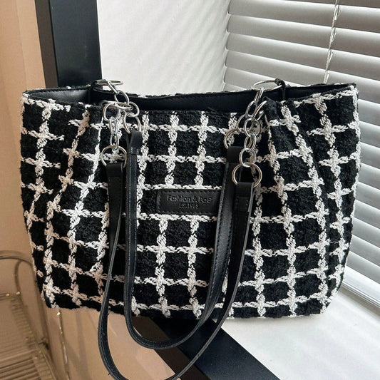 Tweed Black & White Handbag Zipper Shoulder Bag - Lily Bloom Store