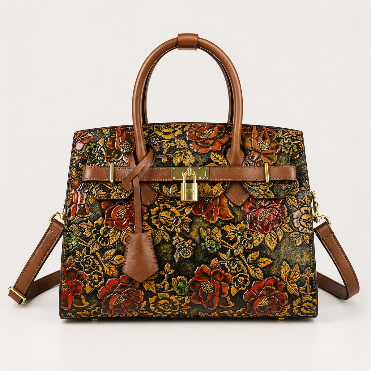 2-piece embossed floral vegan leather Boston handbag with brown handles