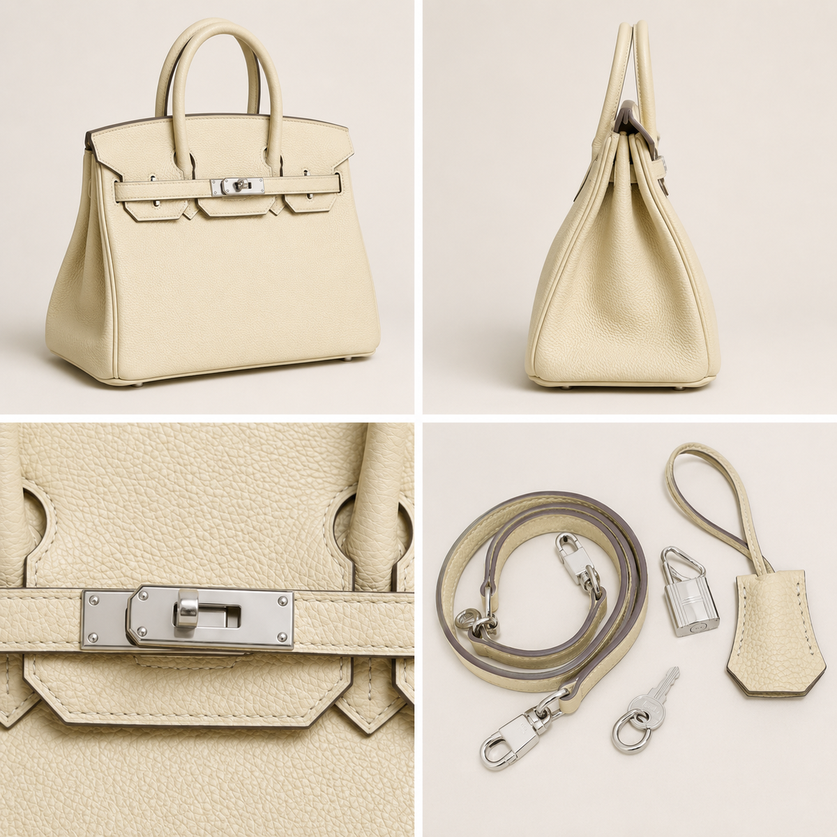 2-piece ivory genuine leather handbag set with structured top handle design