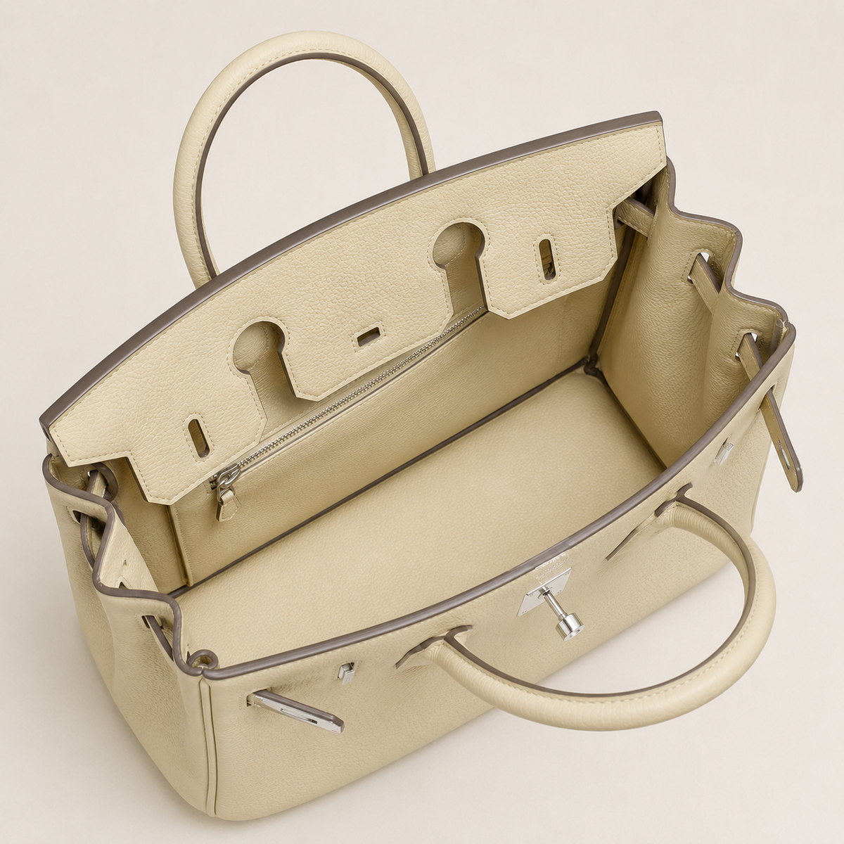 2-piece ivory genuine leather handbag set with structured top handle design