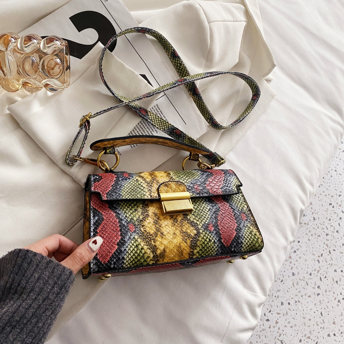 Vegan Leather Snakeskin Print Crossbody Bag