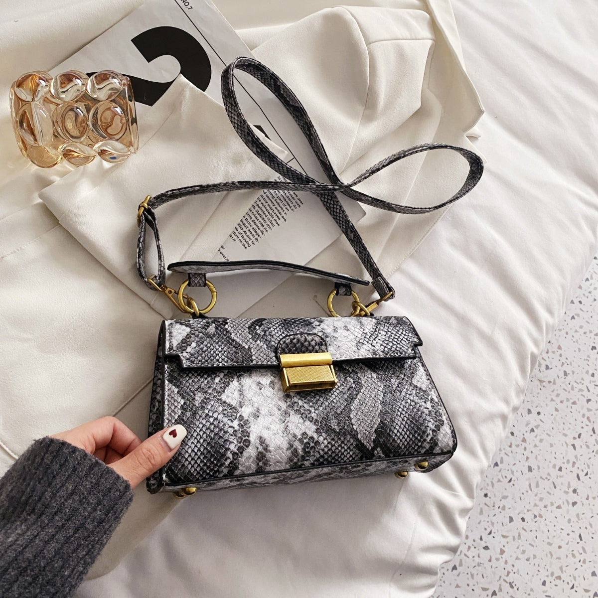 Vegan Leather Snakeskin Print Crossbody Bag