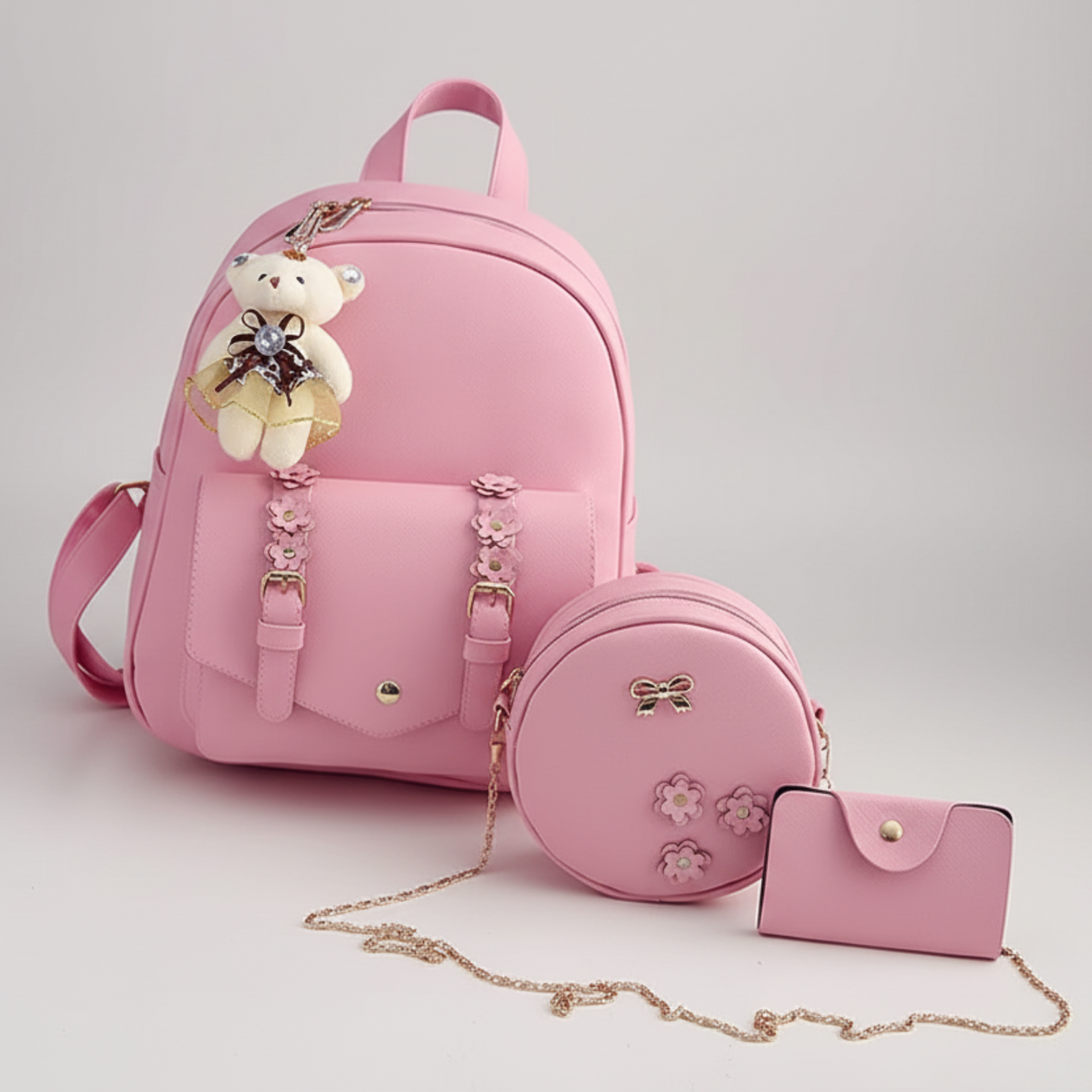 3 pcs Set Leather Shoulder Mini Backpack - Lily Bloom